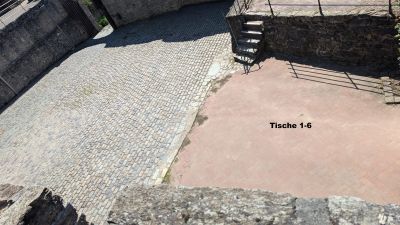 Innenhof Tische an der Bühne